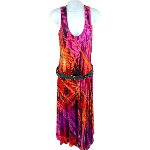 Calvin Klein flowy dress NEW NWT 4 belted maxi graphic fire print purple orange - Picture 1 of 12